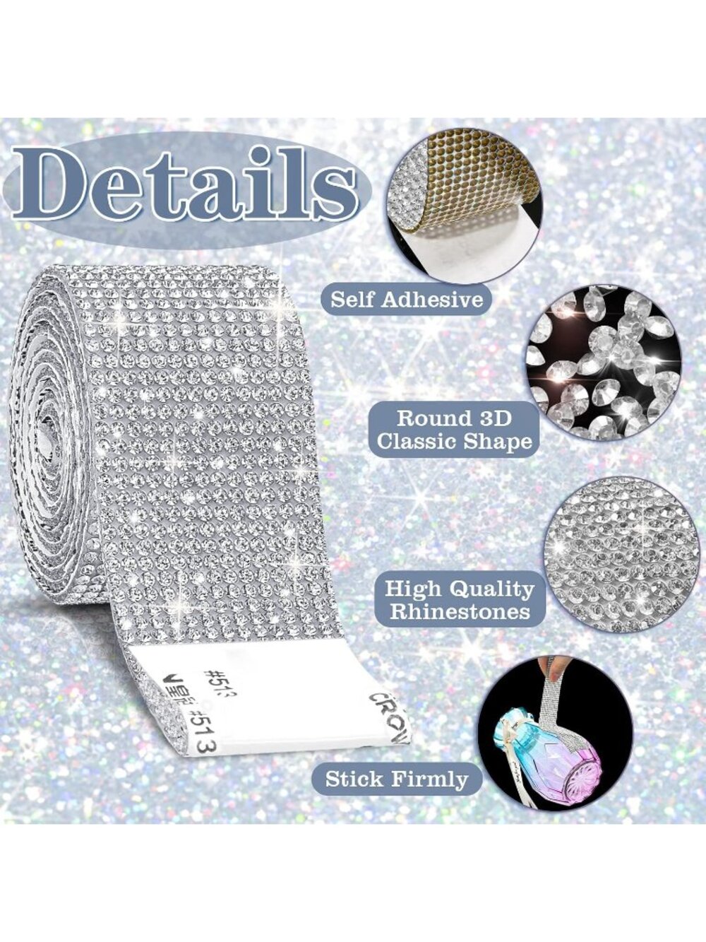 New 8 Rolls Rhinestone Ribbons8 Yard Silver Self Adhesive Rhinestone Ribbon - Picture 3 of 6
